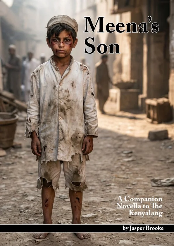 A young boy with dirt-stained clothes and a serious expression stands barefoot on a dusty street in a rundown neighborhood. The text on the image reads "Meena's Son" and mentions it is a companion novella to "The Kenyalang" by Jasper Brooke.