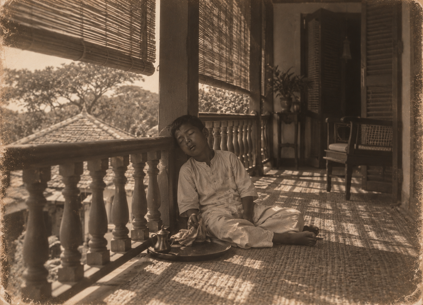 17) Hamid asleep against the verandah post.
