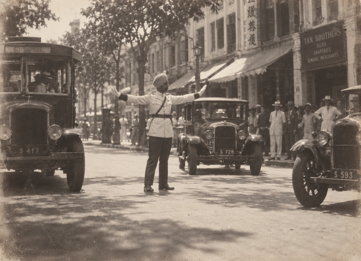 3) Sikh policeman directing traffic at the crossing.