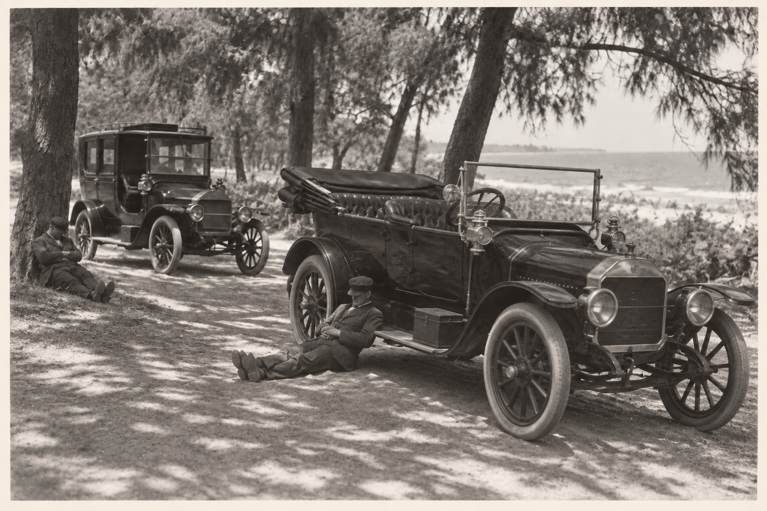 27) The two idle cars. A touring car and a landaulette.