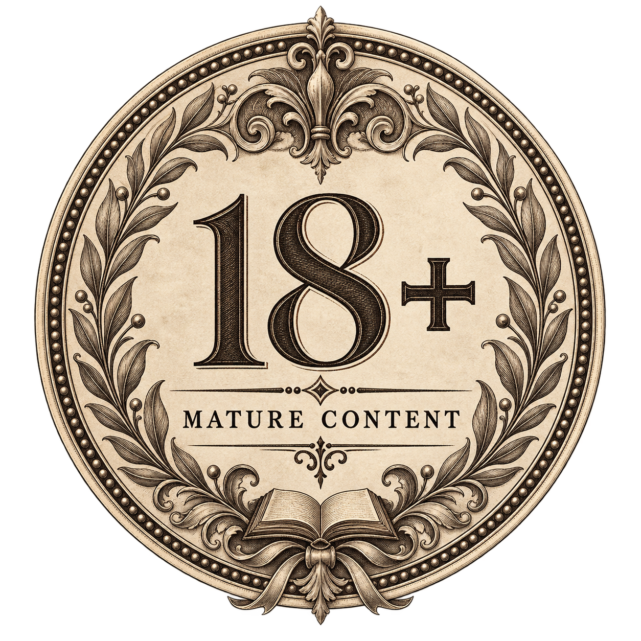 A vintage-style emblem with the text '18+' and 'Mature Content,' surrounded by ornate decorative elements, including leaves, an open book at the bottom, and intricate patterns.