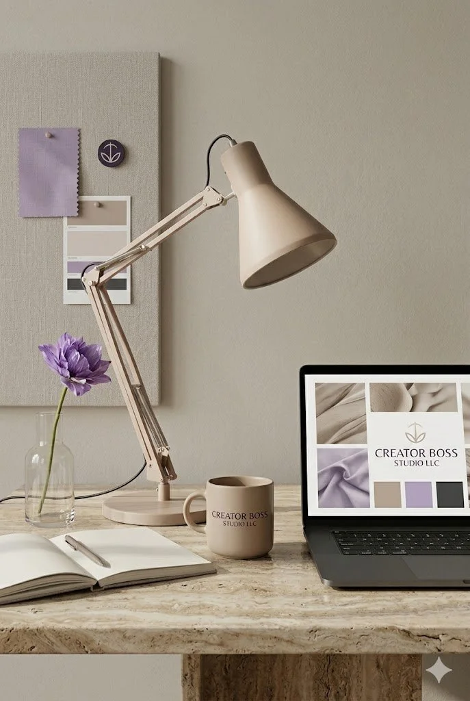 A beige desk lamp, a purple flower in a glass vase, an open notebook with a pen, a coffee mug, and a laptop displaying a presentation titled 'Creator Boss Studio LLC' are on a marble desk. A bulletin board with fabric samples and color swatches is behind the desk.