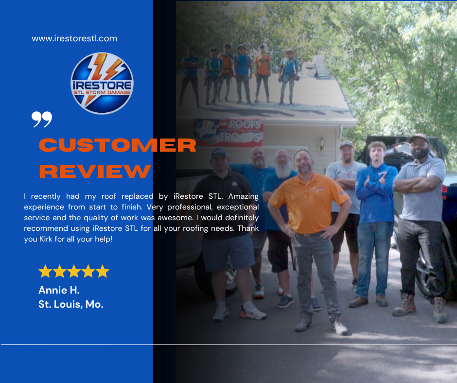 Group of eight men standing outdoors in front of a house, with trees in the background. They are smiling, some with arms crossed, and wearing casual clothing. A logo for iRestore STL is on the left side of the image, along with a customer review from Annie H. from St. Louis, Missouri.
