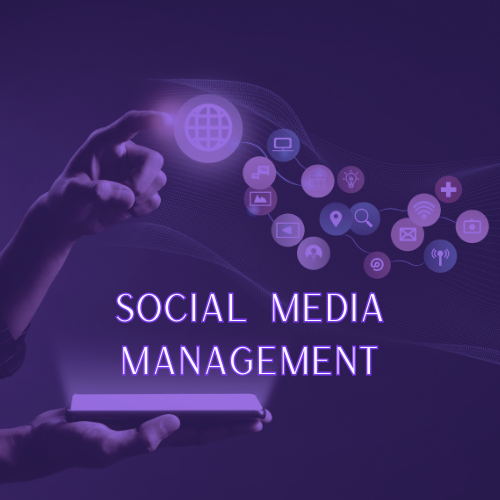 Hand holding a tablet with digital icons representing social media management and connectivity floating above.