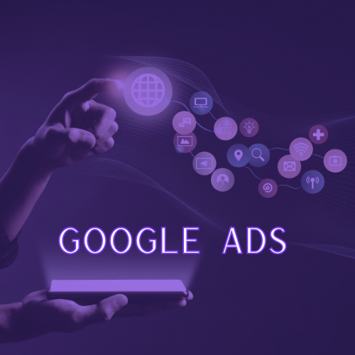 Hand holding a smartphone with digital icons and a virtual globe, with the text 'Google Ads' on a purple background.