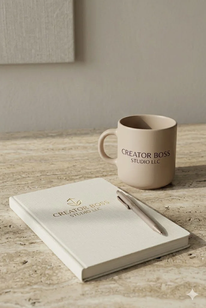 A white notebook and a pink pen placed on a wooden table. Behind them, there is a ceramic mug with the text 'CREATOR BOSS STUDIO LLC' printed on it.
