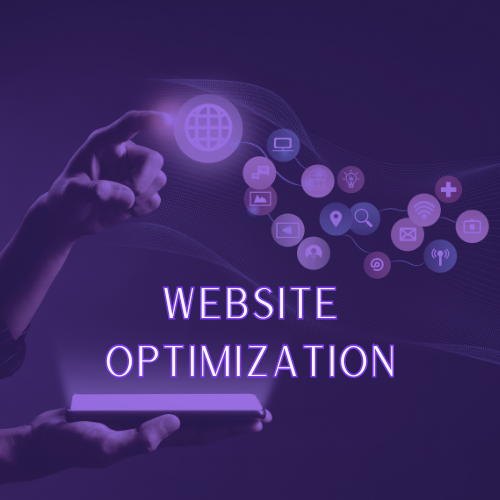 Hand holding a tablet with digital icons and the text 'Website Optimization' on a purple background.