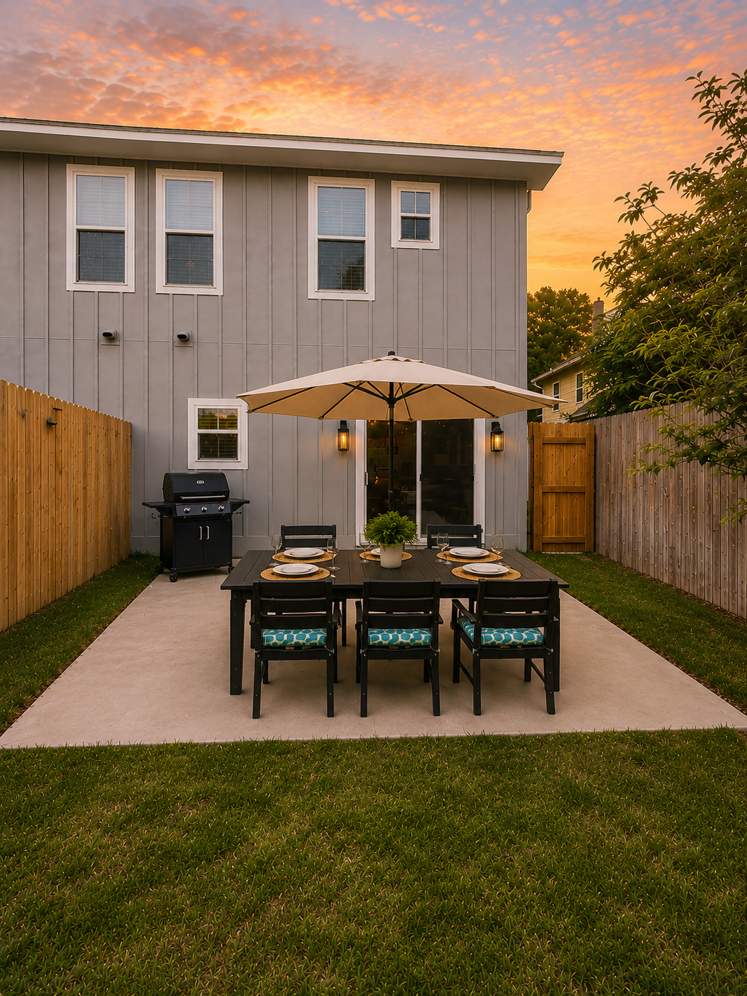 Backyard patio with dining table, six chairs, large umbrella, potted plant, outdoor grill, and house with sliding glass door at sunset.