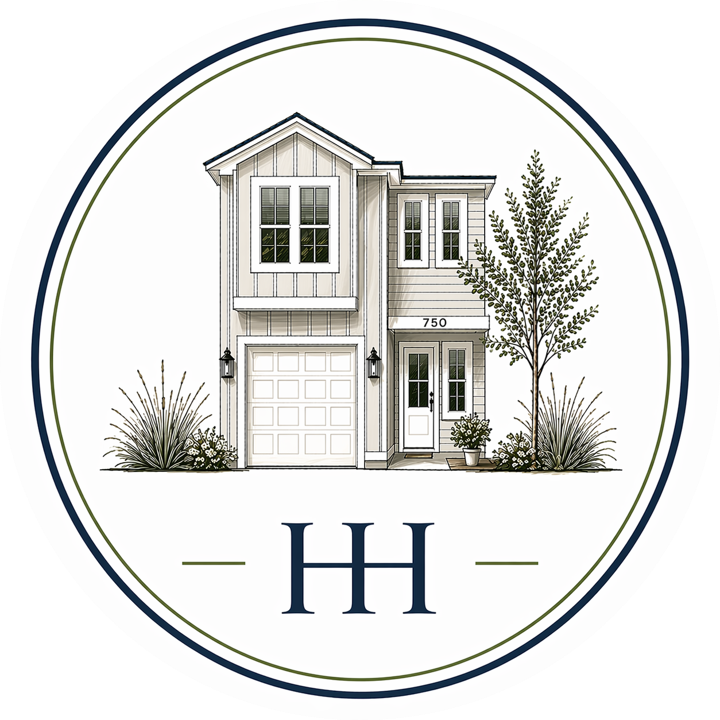 Illustration of a modern two-story house with a garage, surrounded by plants and a tree, and the letter 'H' below.