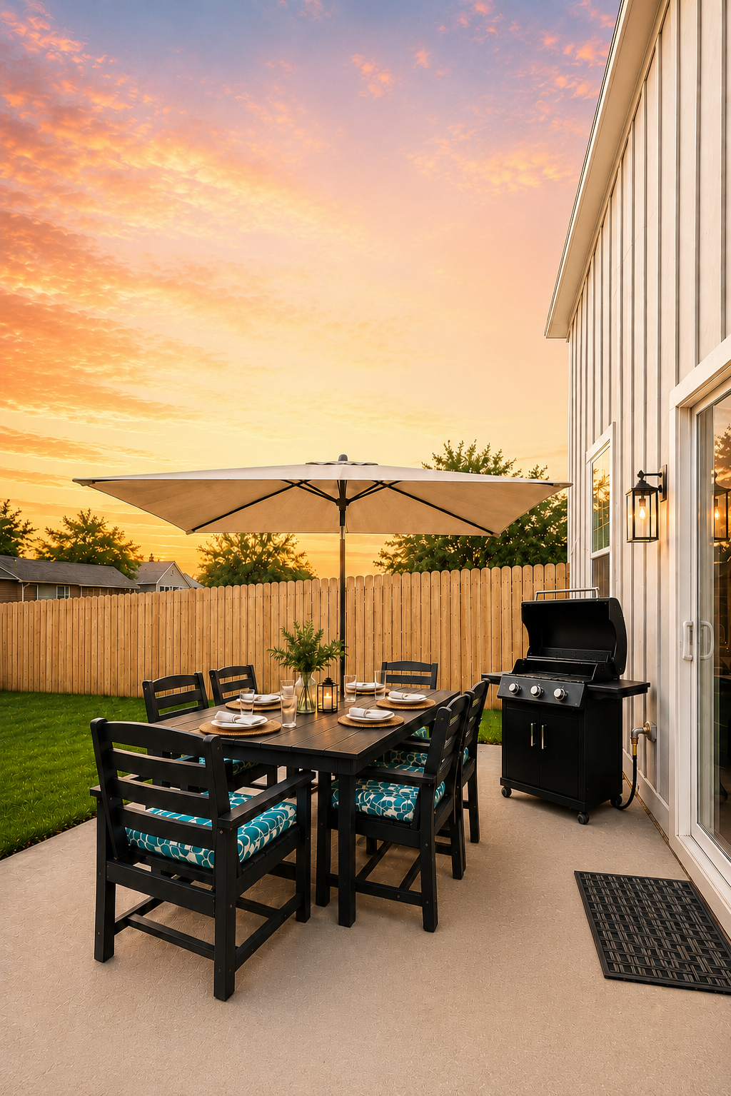 Outdoor dining patio at sunset with a black table and six chairs, an umbrella, a barbecue grill, and a wooden fence.