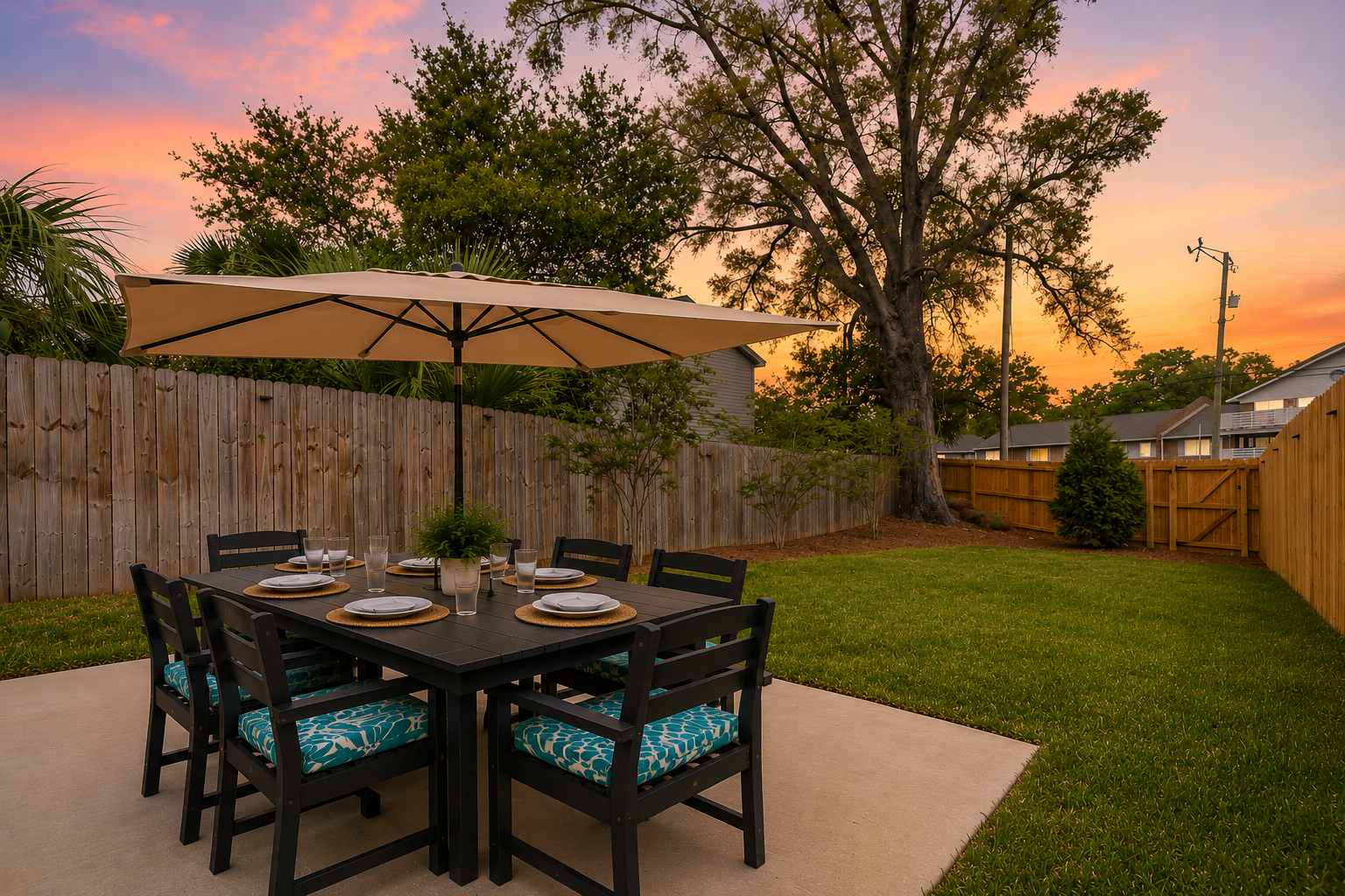 Outdoor dining table with six chairs and tableware, umbrella, large trees, a wooden fence, and a sunset sky.