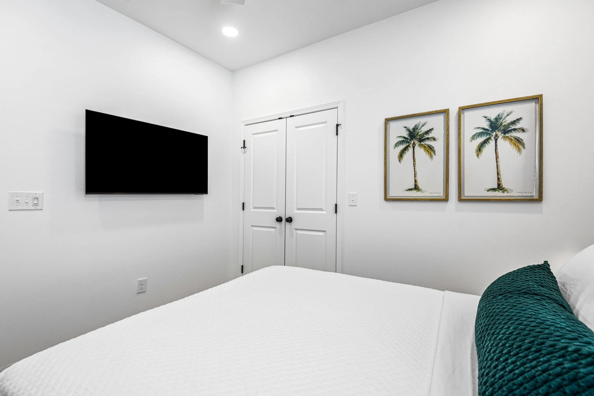 A bedroom with white walls, a white ceiling light, a closed double closet door, and two framed pictures of palm trees hanging on the wall. Part of the white bed and a green textured pillow are visible in the foreground.