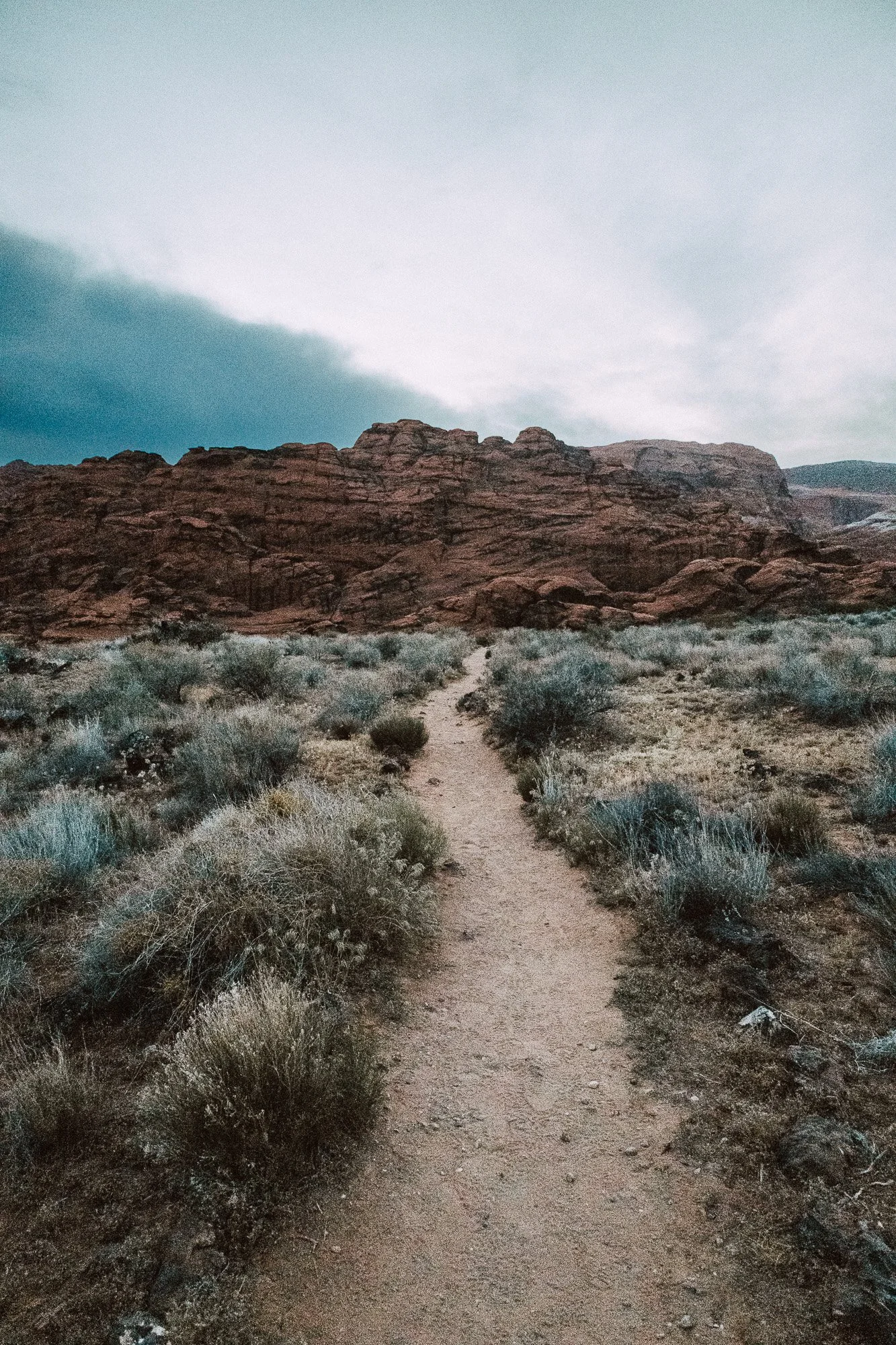 Snow Canyon State Park, Utah. A narrow dirt trail in the desert landscape with sparse shrubs, leading towards a rocky red mountain range under a cloudy sky.