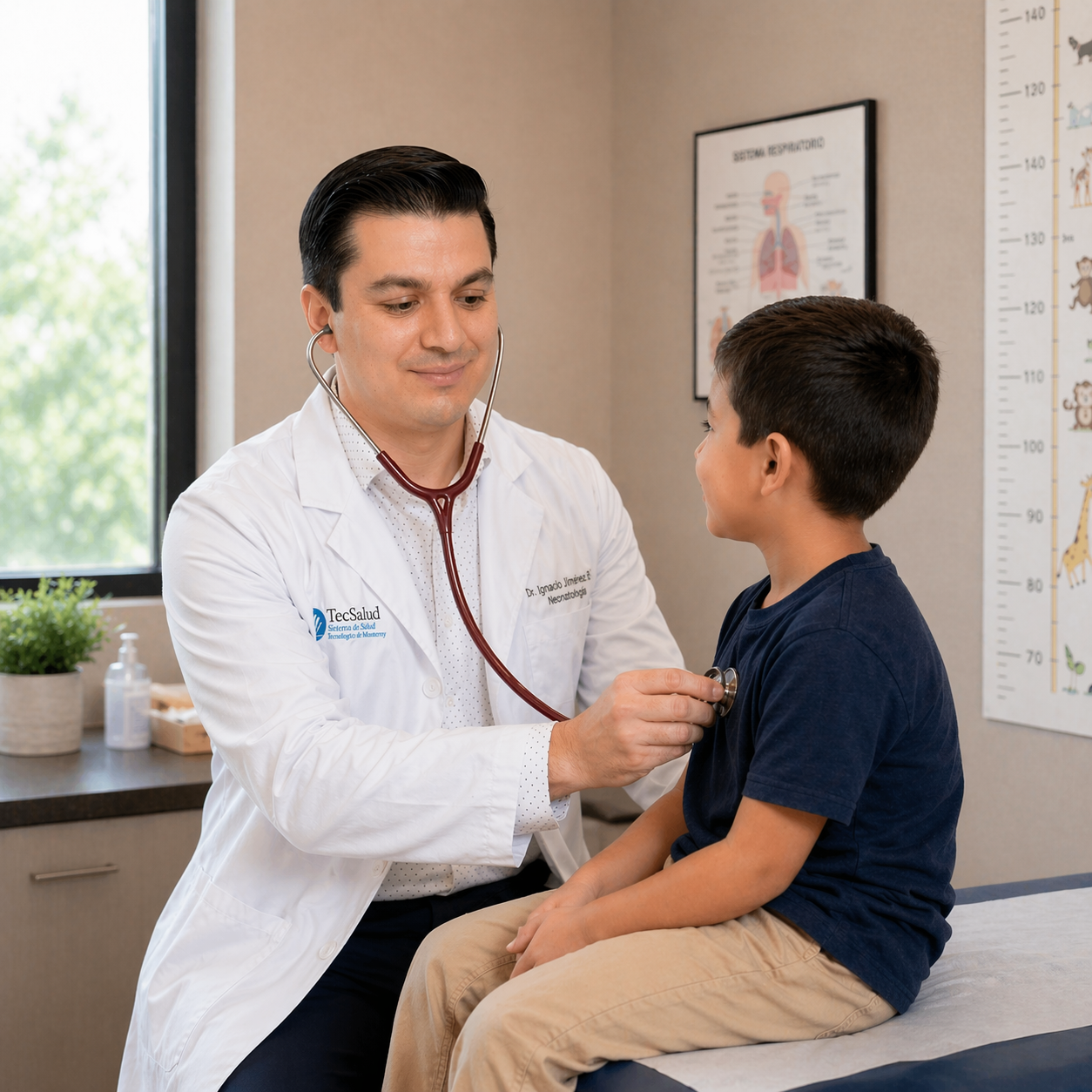 Dr. Gelacio Pediatra en Saltillo examinando a un niño en una clínica