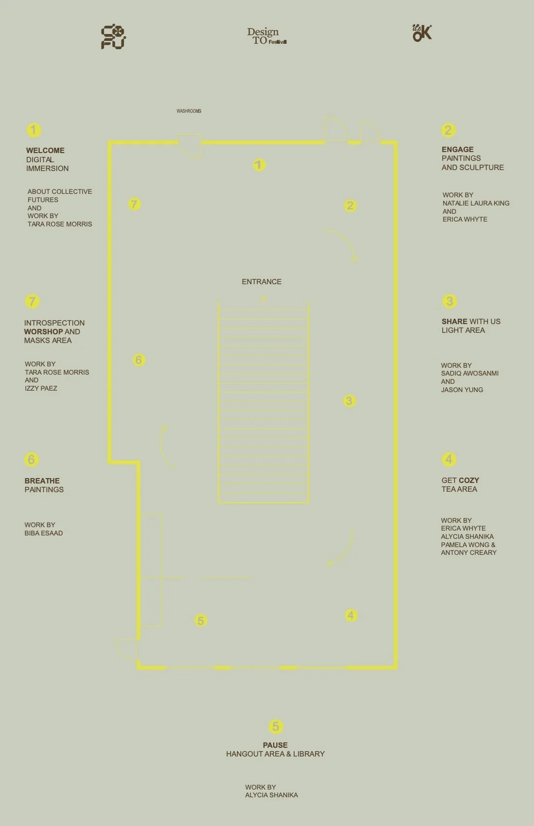 Floor plan of an event space with designated areas for welcome, engagement, sharing, cozy retreat, breathing activities, and a pause zone, including a washroom and entrance.