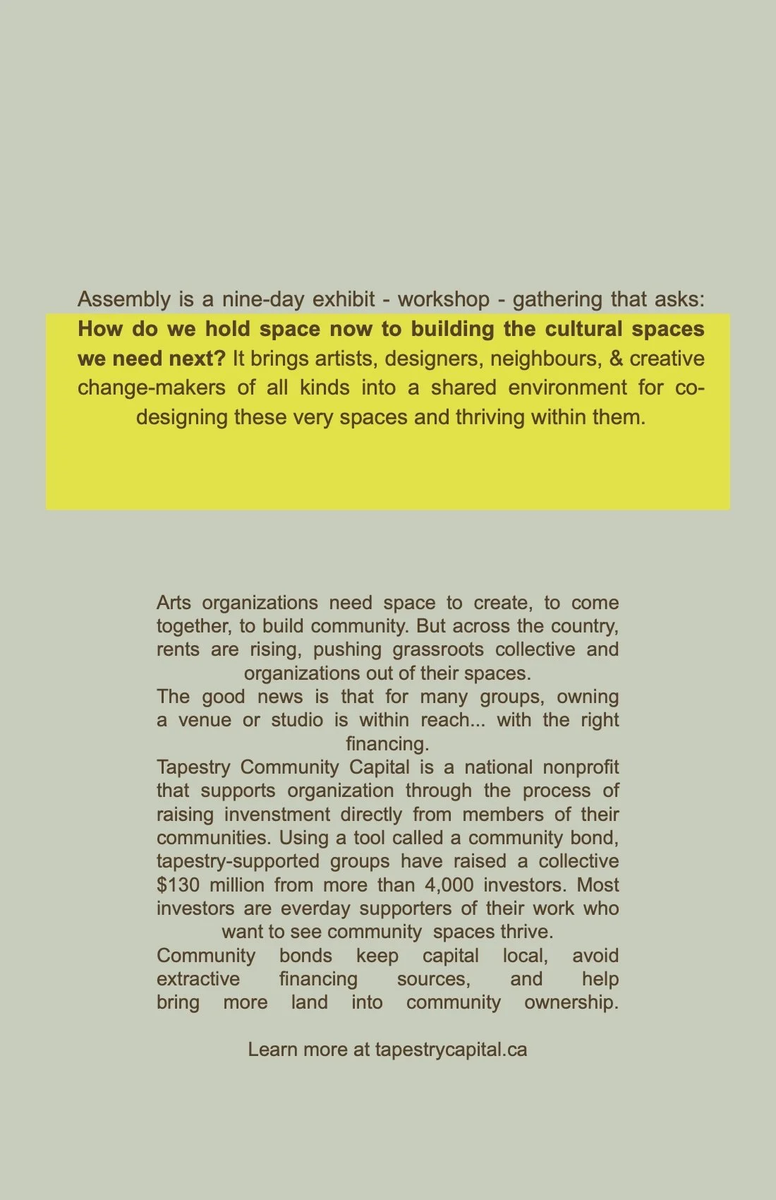 Text discussing arts organizations, community spaces, and nonprofit support through community bonds, with highlighted callout about building cultural spaces and collective funding efforts.
