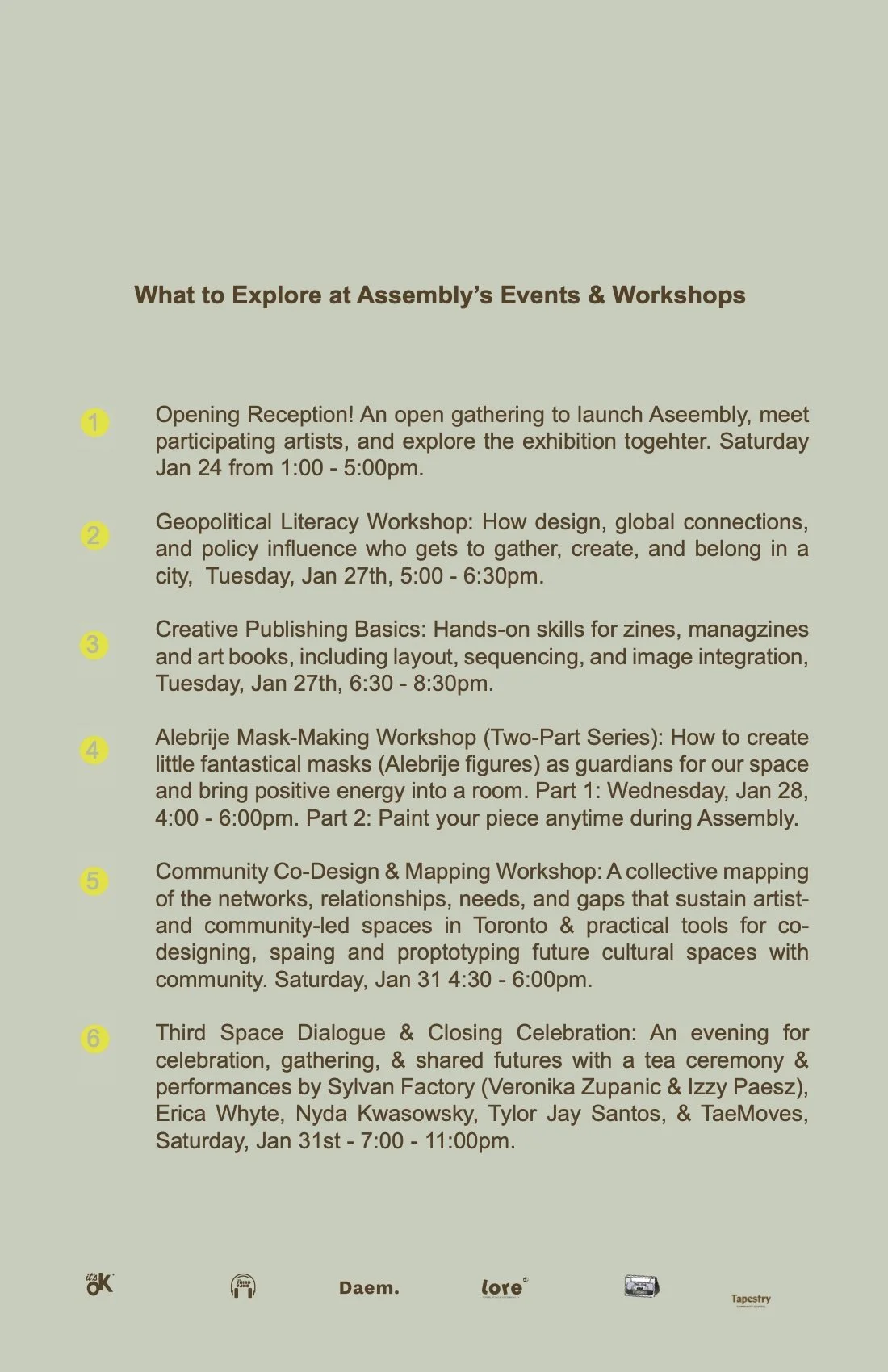 A schedule of events and workshops at an assembly, including receptions, workshops, and celebrations, with dates and times listed.