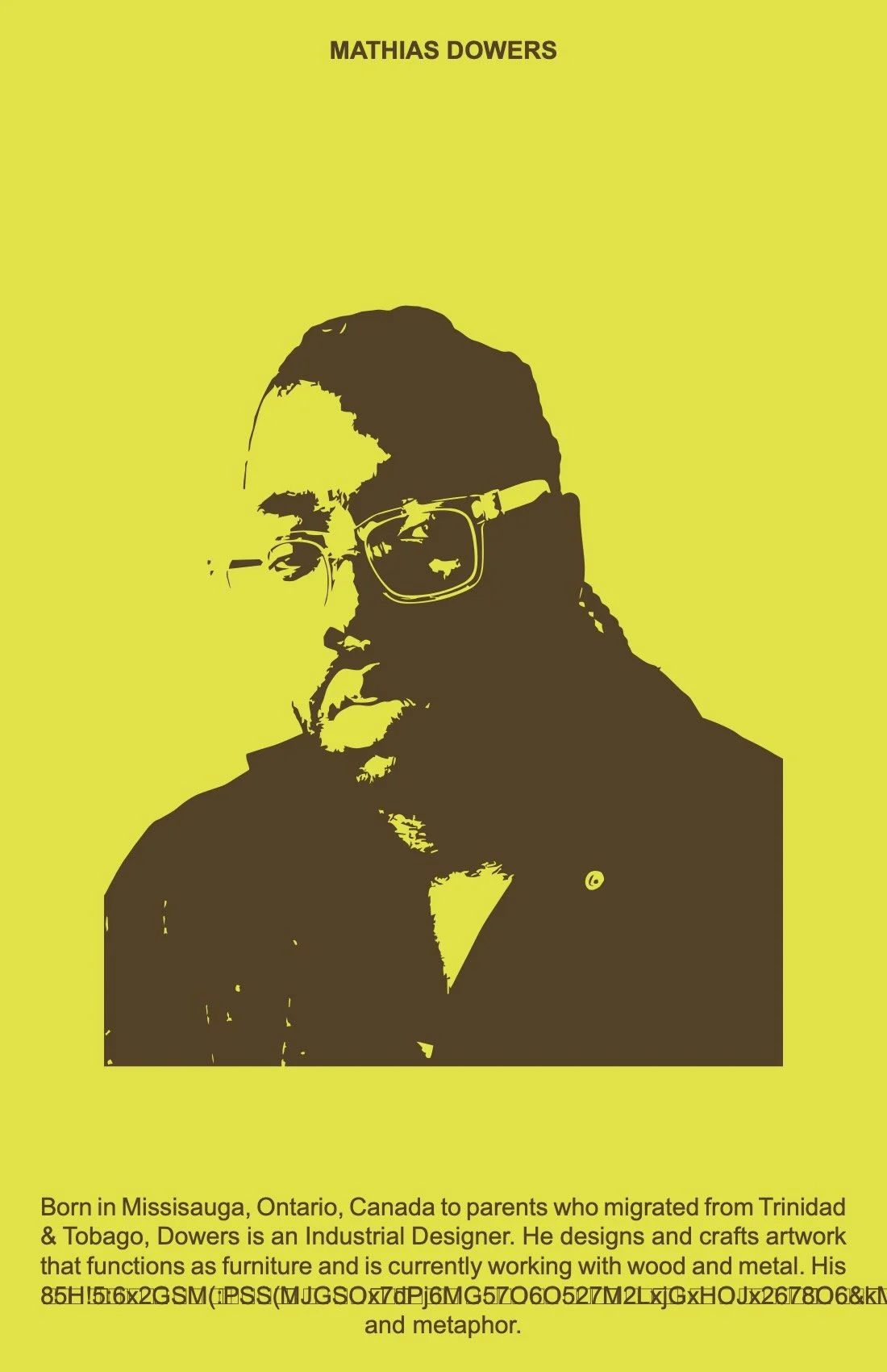 Digital illustration of a man with glasses and dreadlocks against a yellow background. The text above reads "Mathias Dowers."
