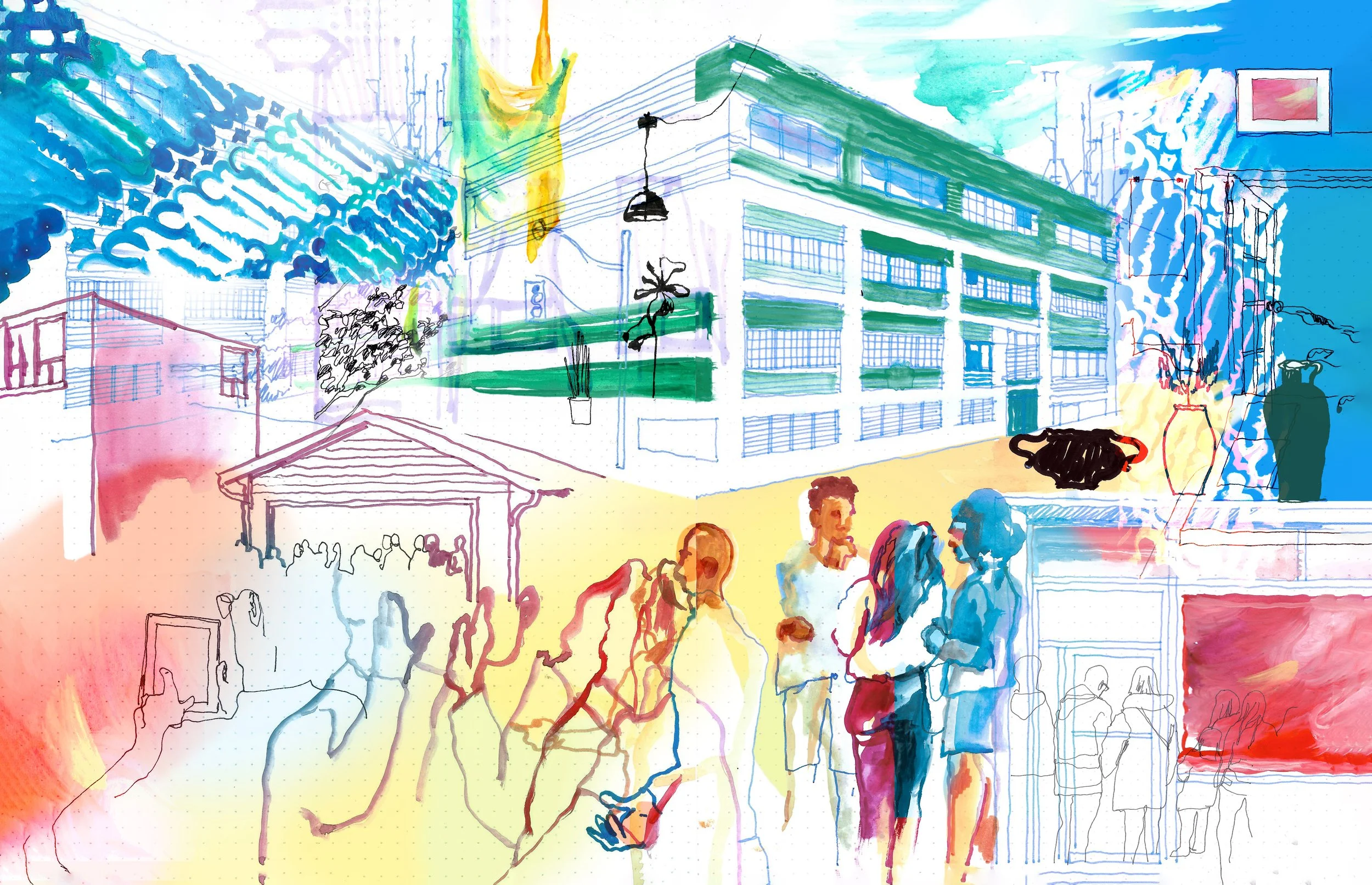 An artistic watercolor illustration of an urban scene with buildings, people, and various objects, featuring colorful and abstract elements.