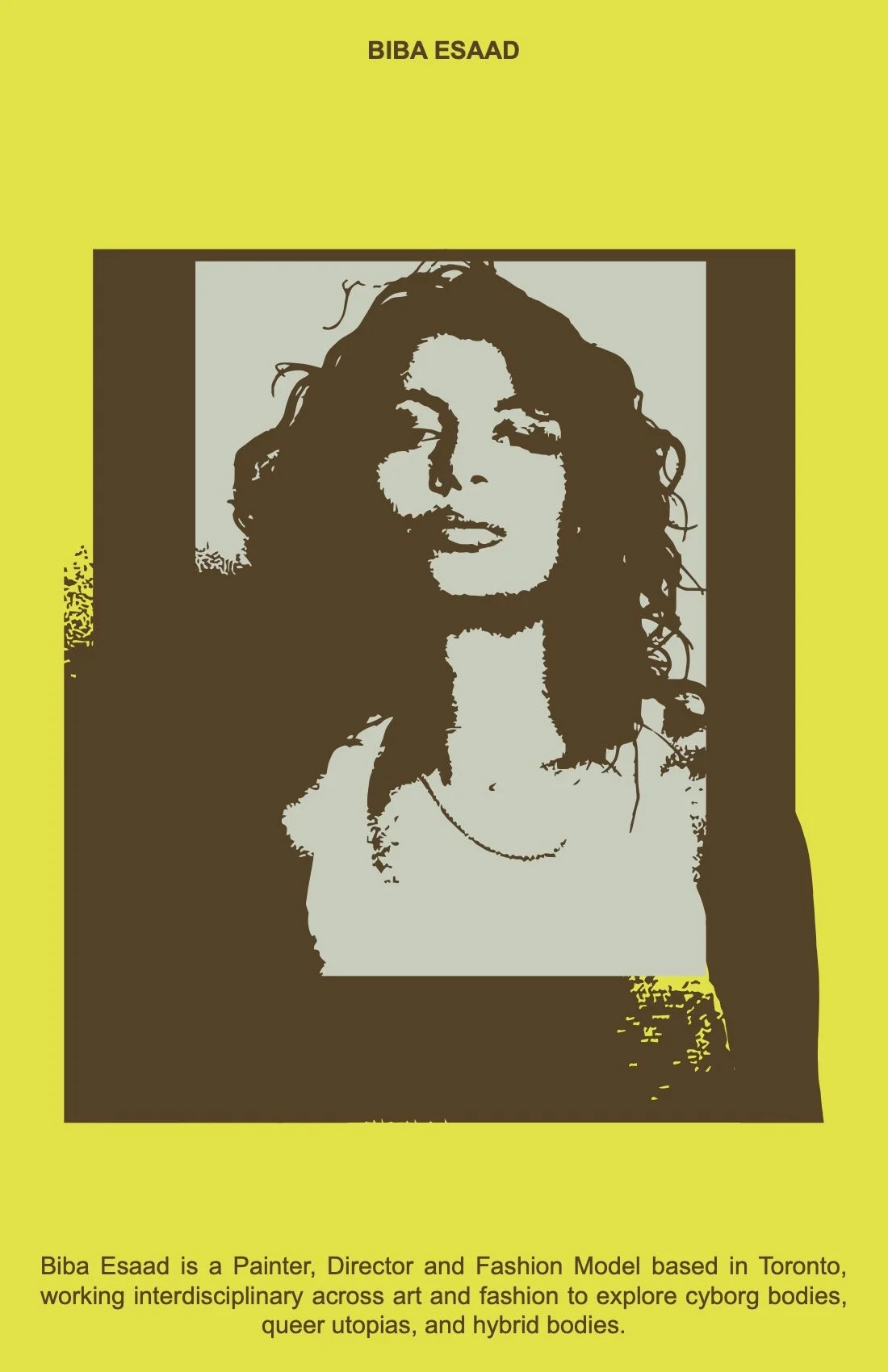 A stylized illustration of a woman with long curly hair, wearing a tank top and a necklace, with a yellow background.