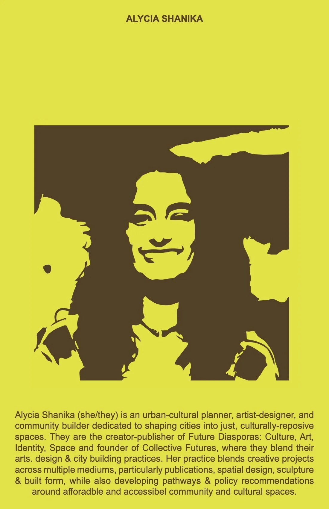 Book cover with a yellow background, featuring a stylized portrait of Alycia Shanika in brown and yellow, and a description of her work as an urban-cultural planner and community builder.