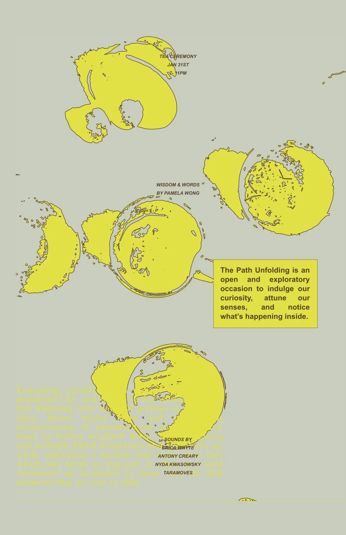 A yellow abstract illustration of the apple, with text overlay including the phrases 'Tea Ceremony Jan 31st 11PM,' 'Wisdom & Words by Pamela Wong,' and a quote about the Path Unfolding. The quote describes the experience of eavesdropping on a city an