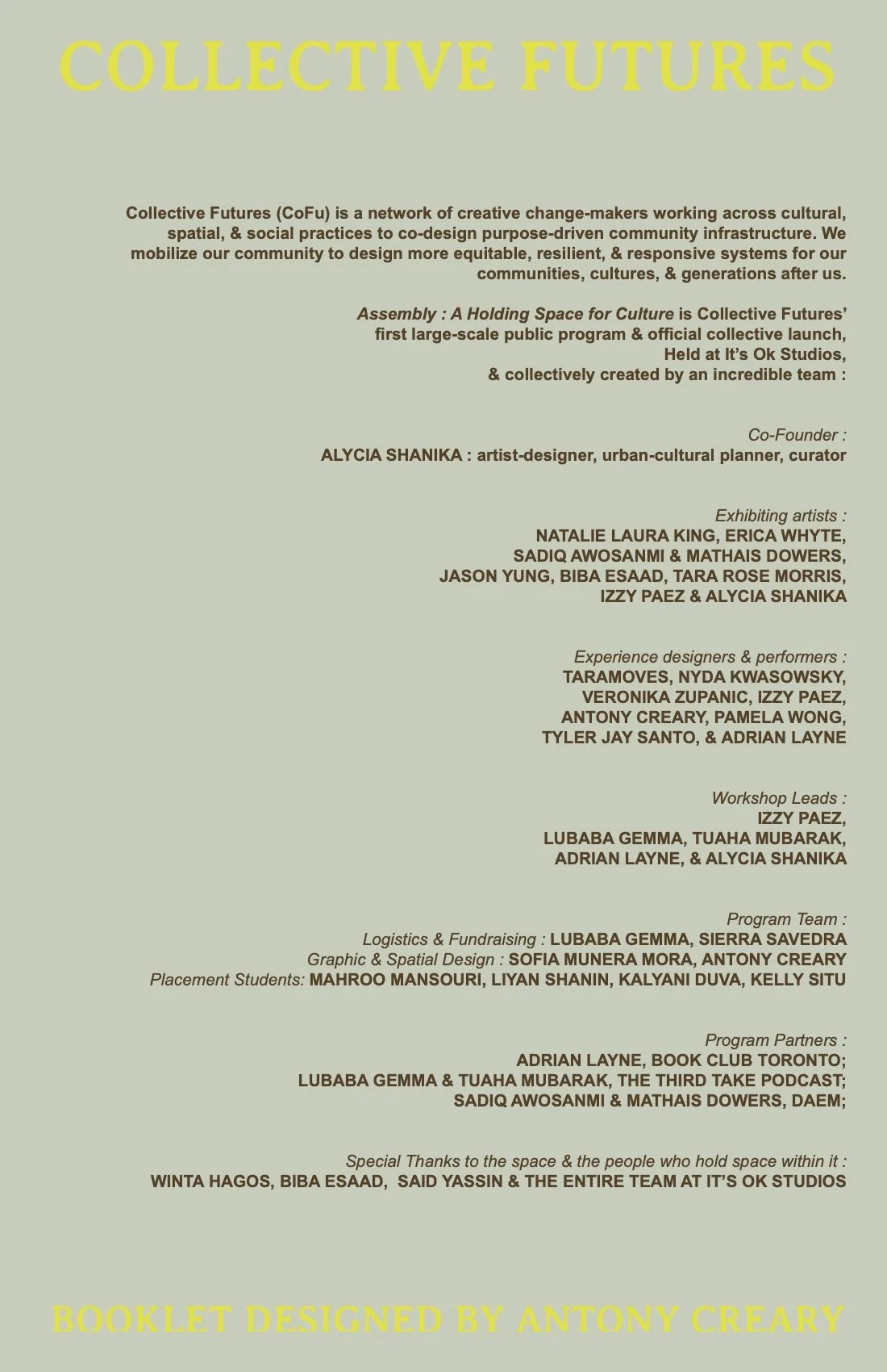 A poster for Collective Futures, a community-driven project, with information about the assembly, artists, performers, workshop leaders, and project team. The background is light gray with yellow and brown text.