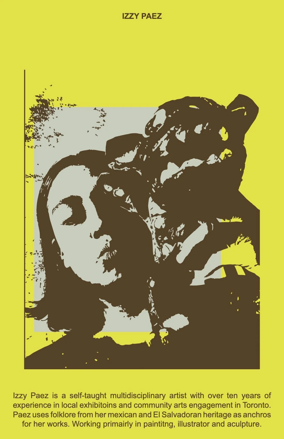 Bad illustration of a woman with dark hair, holding an animal skull, against a yellow background, with text about Izzy Paez at the top and a description below.