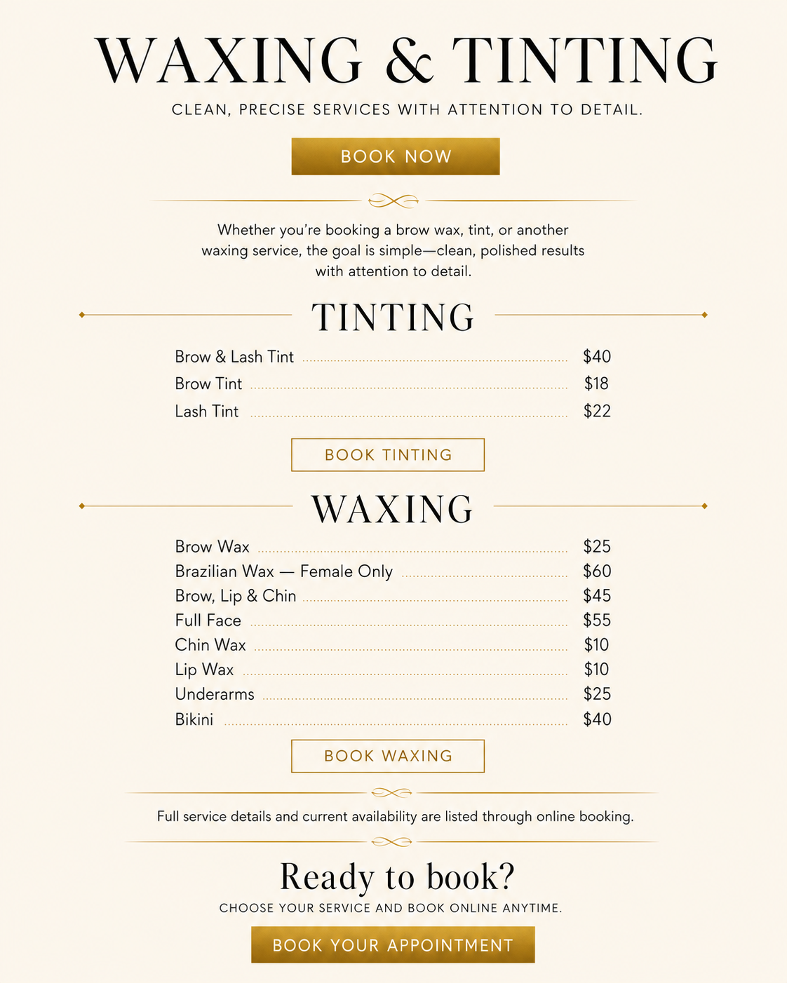 Waxing and tinting service menu including Brazilian waxing, brow waxing, and lash tint pricing at Kristy's Facials & Waxing in Athens, Georgia