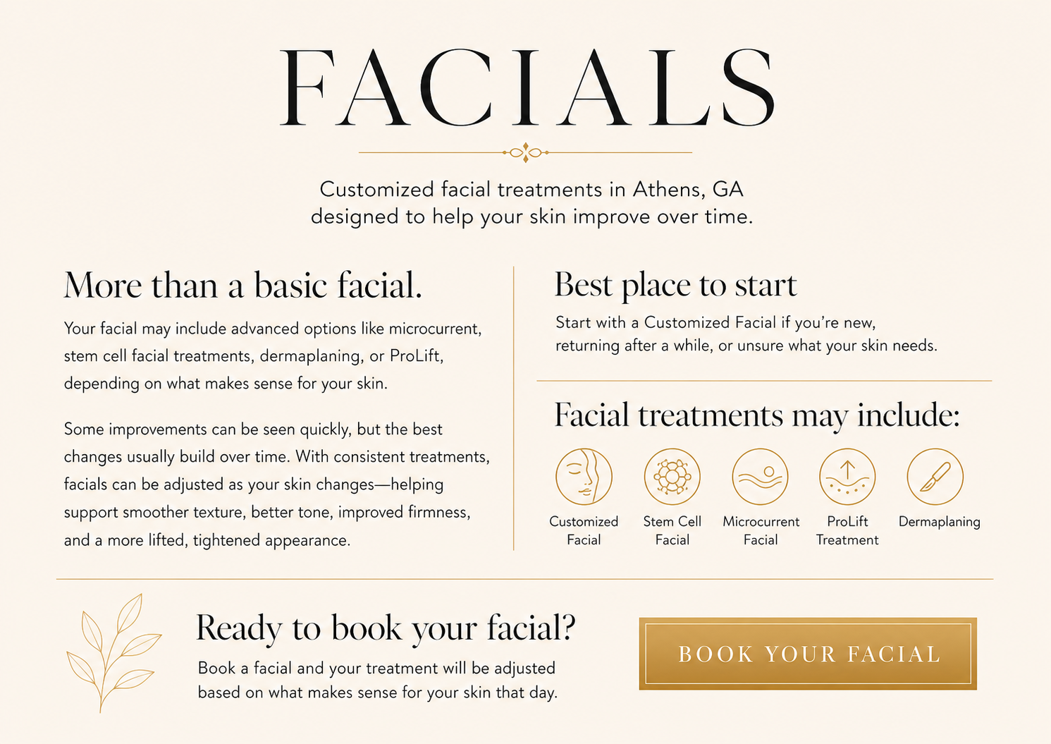 Facial treatments in Athens, Georgia with customized skincare including microcurrent, stem cell facial, ProLift, and dermaplaning