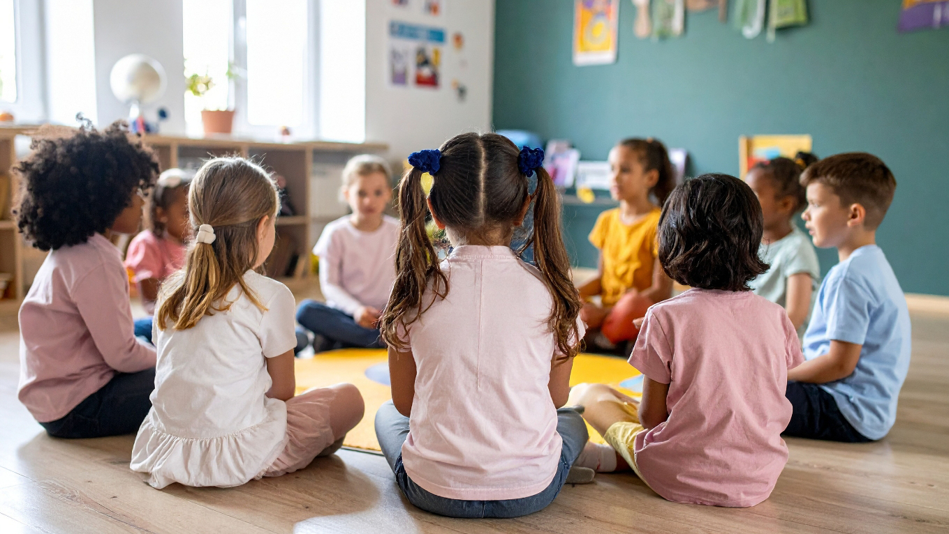 Kinder sitzen in einem Kreis auf dem Boden in einem Klassenraum.