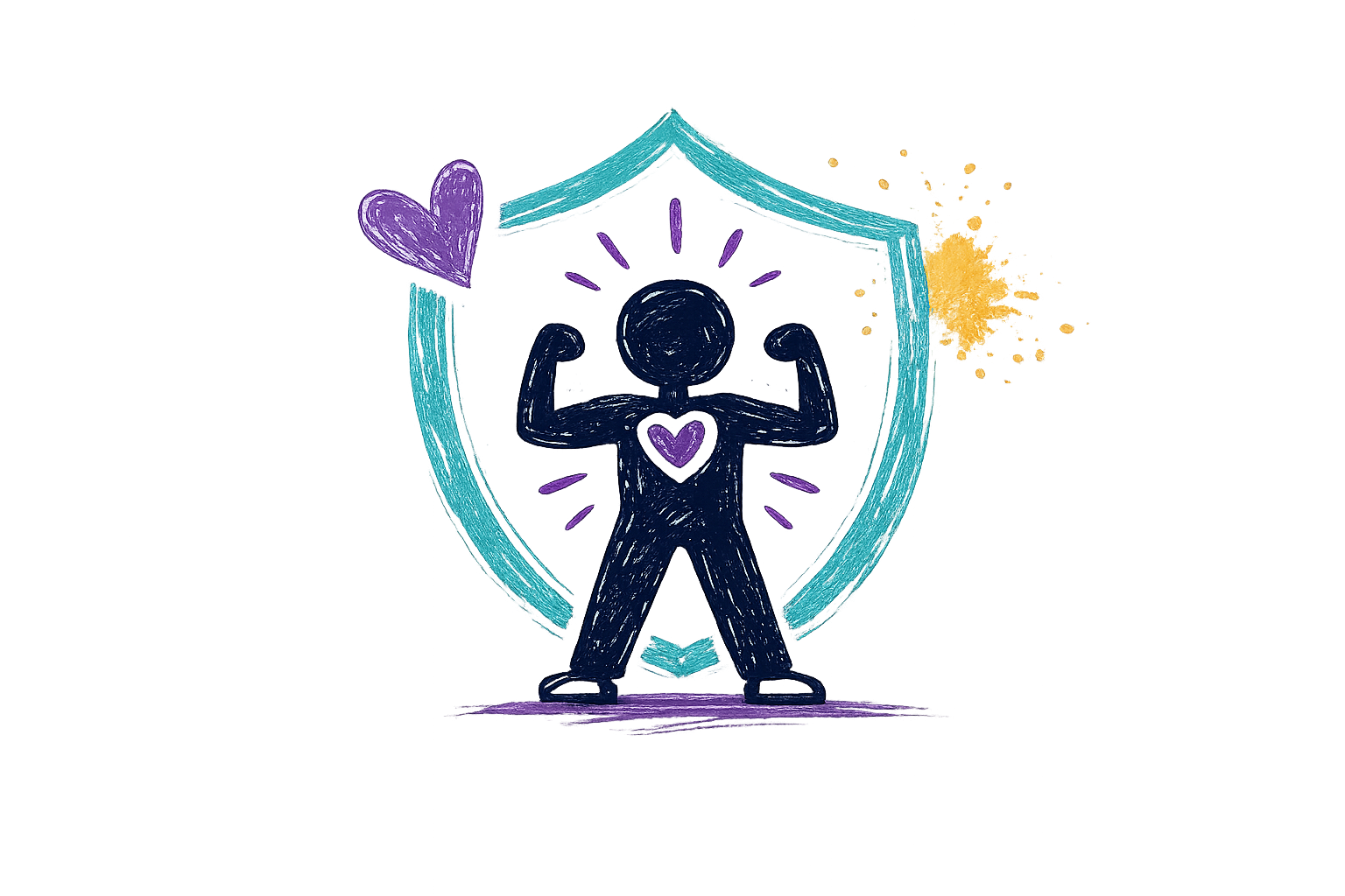 Symbolische Illustration eines Menschen, der seine Muskeln zeigt, mit einem Herz auf der Brust, umgeben von einer blauen Schutzschild und einem violetten Herz am Himmel, mit bunten Linien und einem gelben leuchtenden Element im Hintergrund.