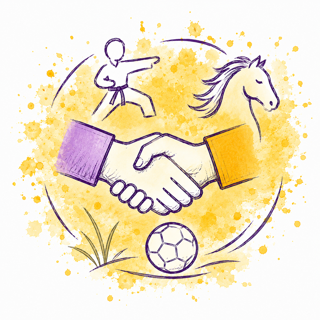 Skizze eines Handshake, ein Fußball, ein Pferd, ein menschlicher Kampfsportler mit Karateanzug, alles vor einem gelben Wasserfarbenhintergrund.