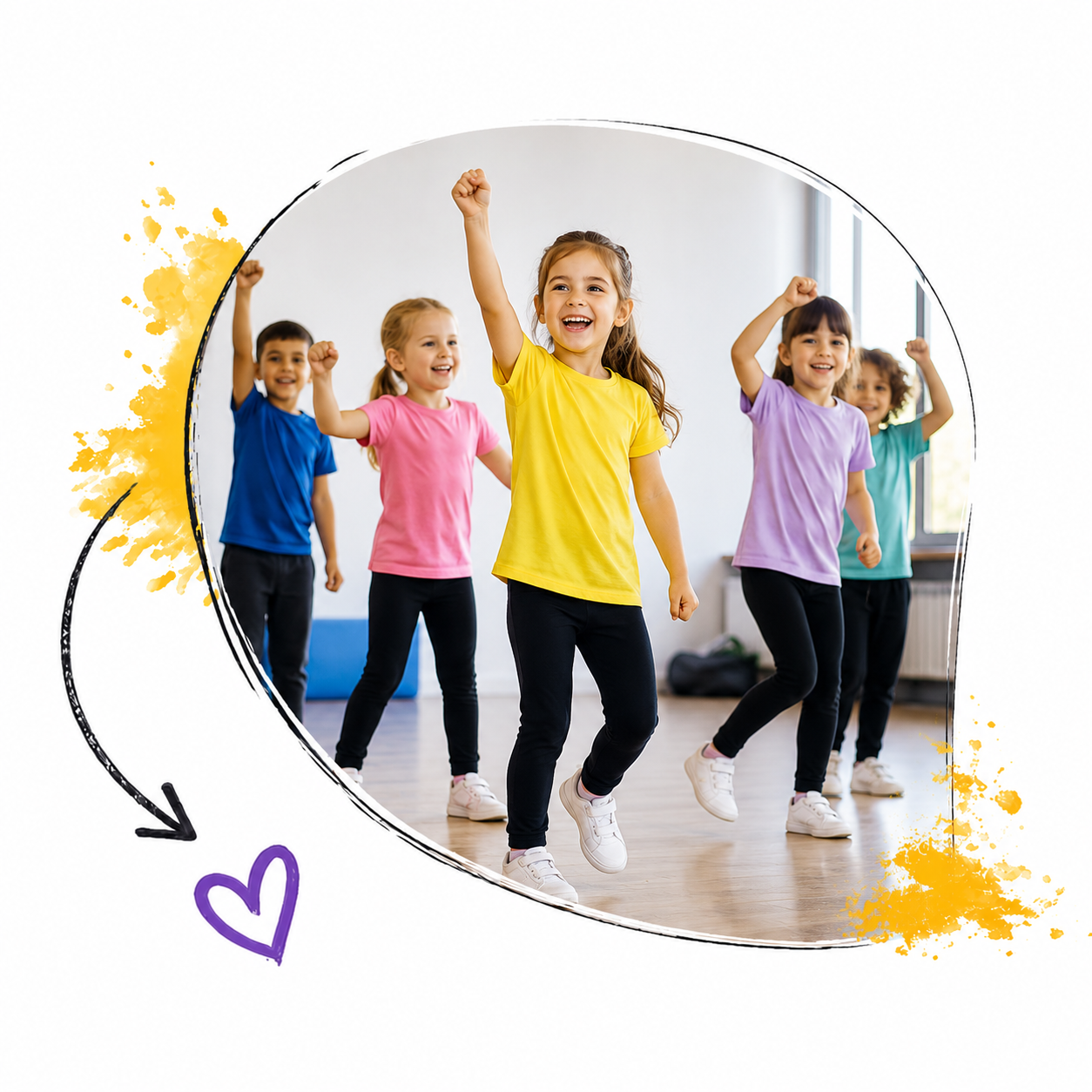 Junge Kinder in bunten T-Shirts, die im Tanzkurs springen und Spaß haben, in einem hellen Raum.