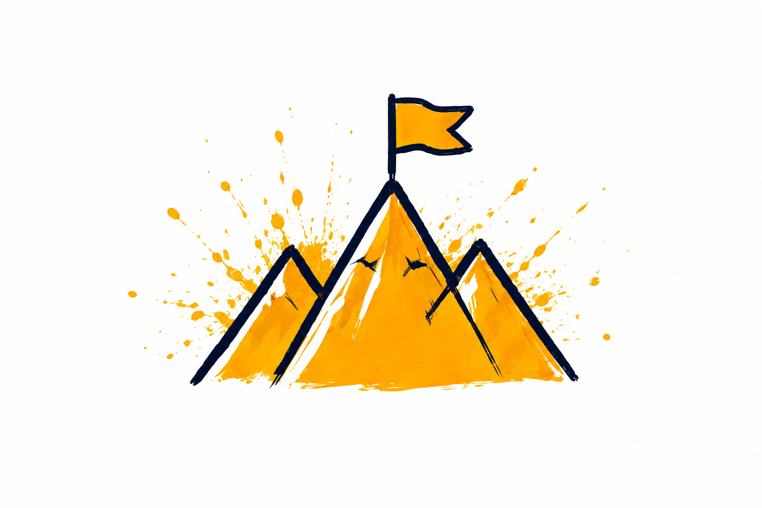 Drei Zelte auf einem Berggipfel, mit einer Flagge, die auf dem höchsten Zelt weht, illustriert in einem Cartoon-Stil mit gelben und schwarzen Farben und künstlerischen Spray-Effekten im Hintergrund.