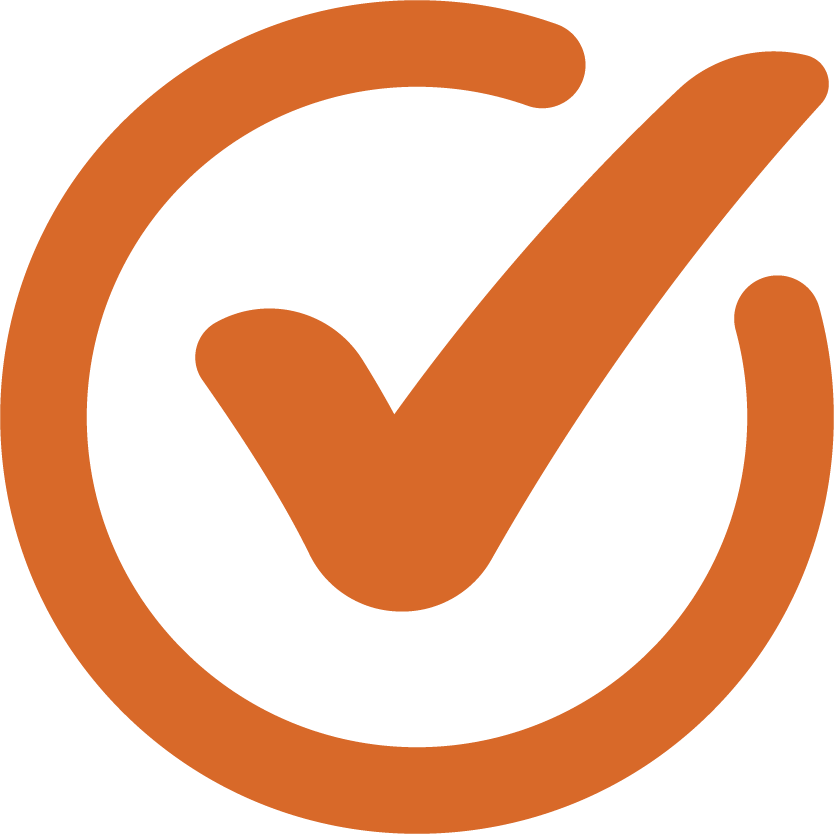 Ein orangefarbener Haken in einem Kreis, Symbol für Zustimmung oder Erledigung.