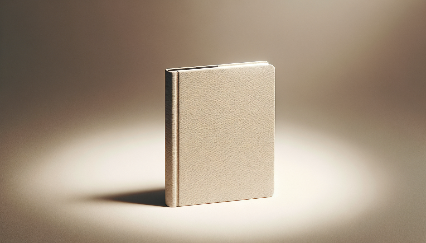 A beige hardcover notebook standing upright with a textured cover, illuminated from the top right, casting a shadow to the bottom left, on a gradient background.