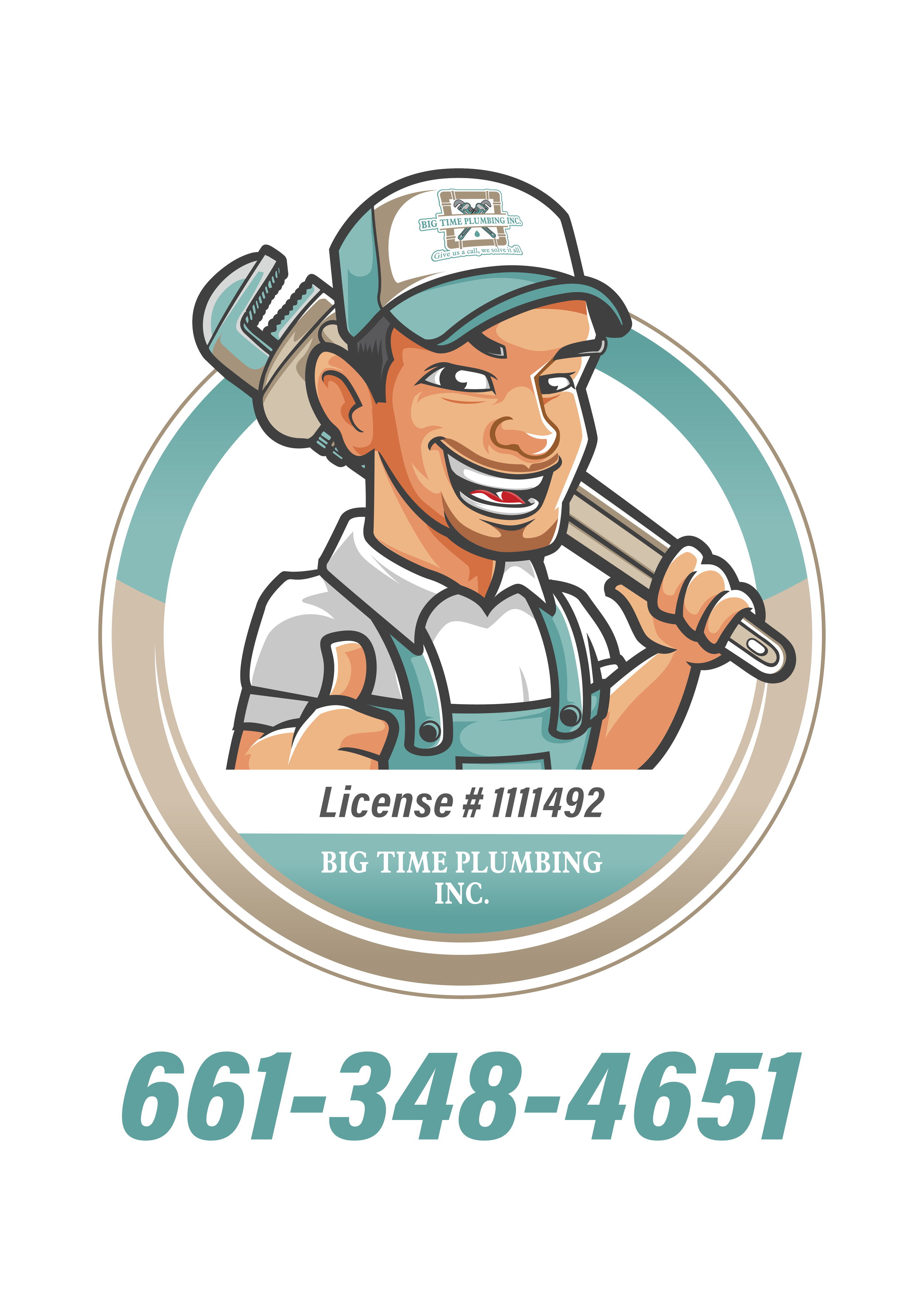 A logo for Big Time Plumbing Inc. featuring a cartoon plumber with a wrench over his shoulder, wearing a cap, with the company name and license number, and contact phone number.