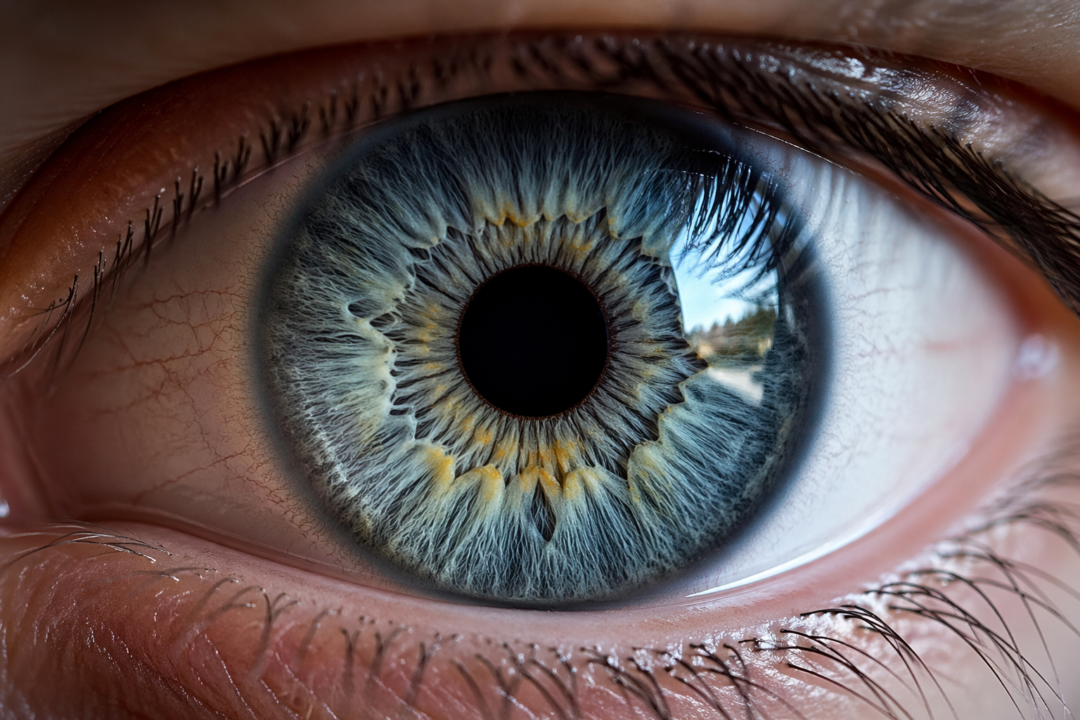 Close-up of a human eye showing detailed iris, pupil, and eyelashes.