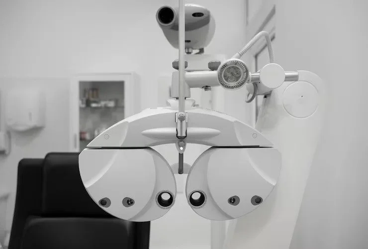 Close-up of an eye exam exam equipment in a optometry office.