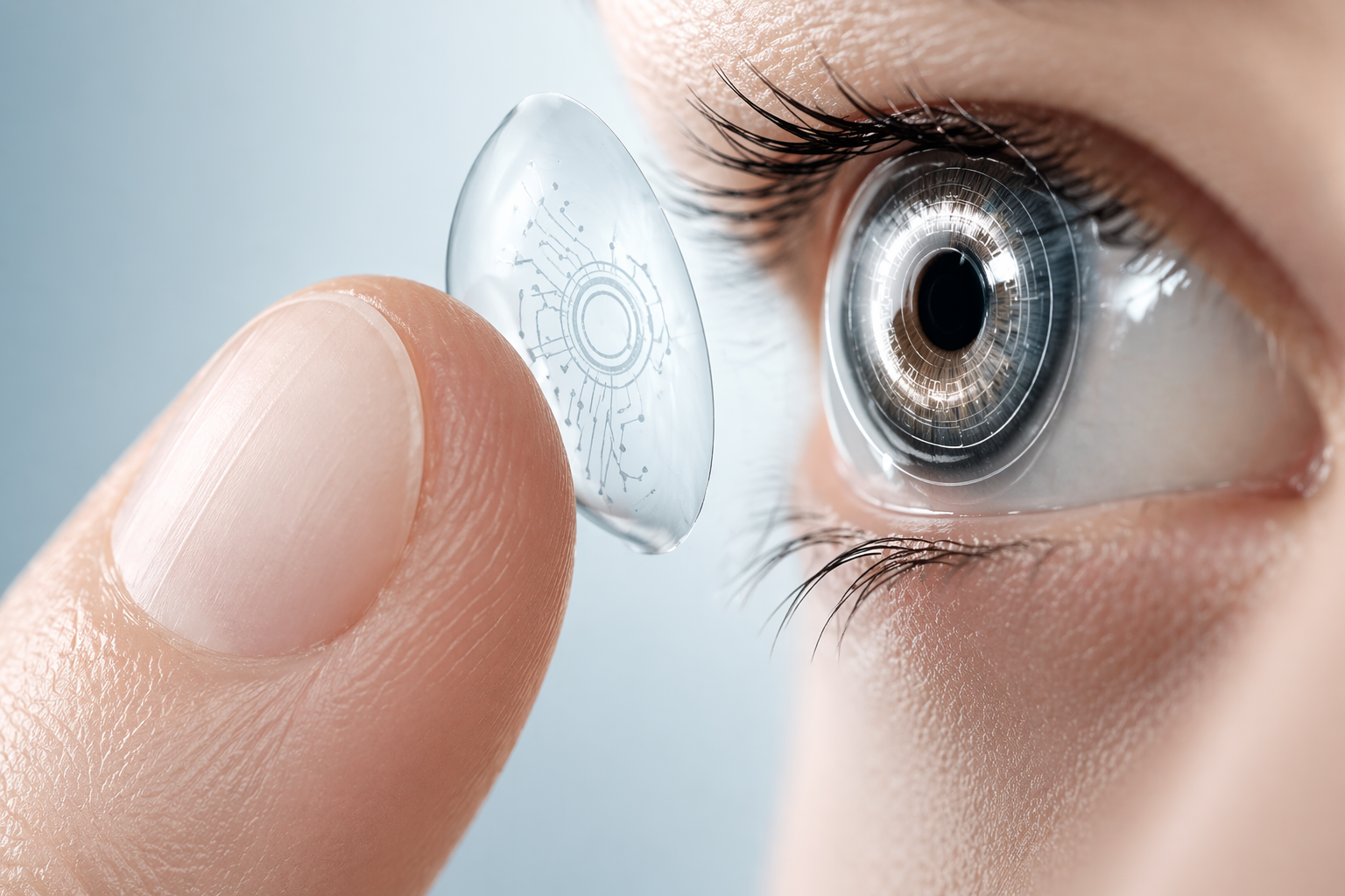 Close-up of a person's eye with a finger trying insert contact lens.