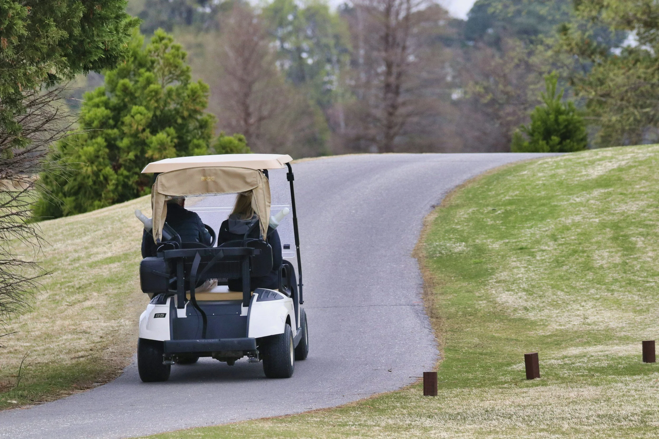 A golf cart with two people inside, driving down a curved paved path on a golf course surrounded by grass and trees.
