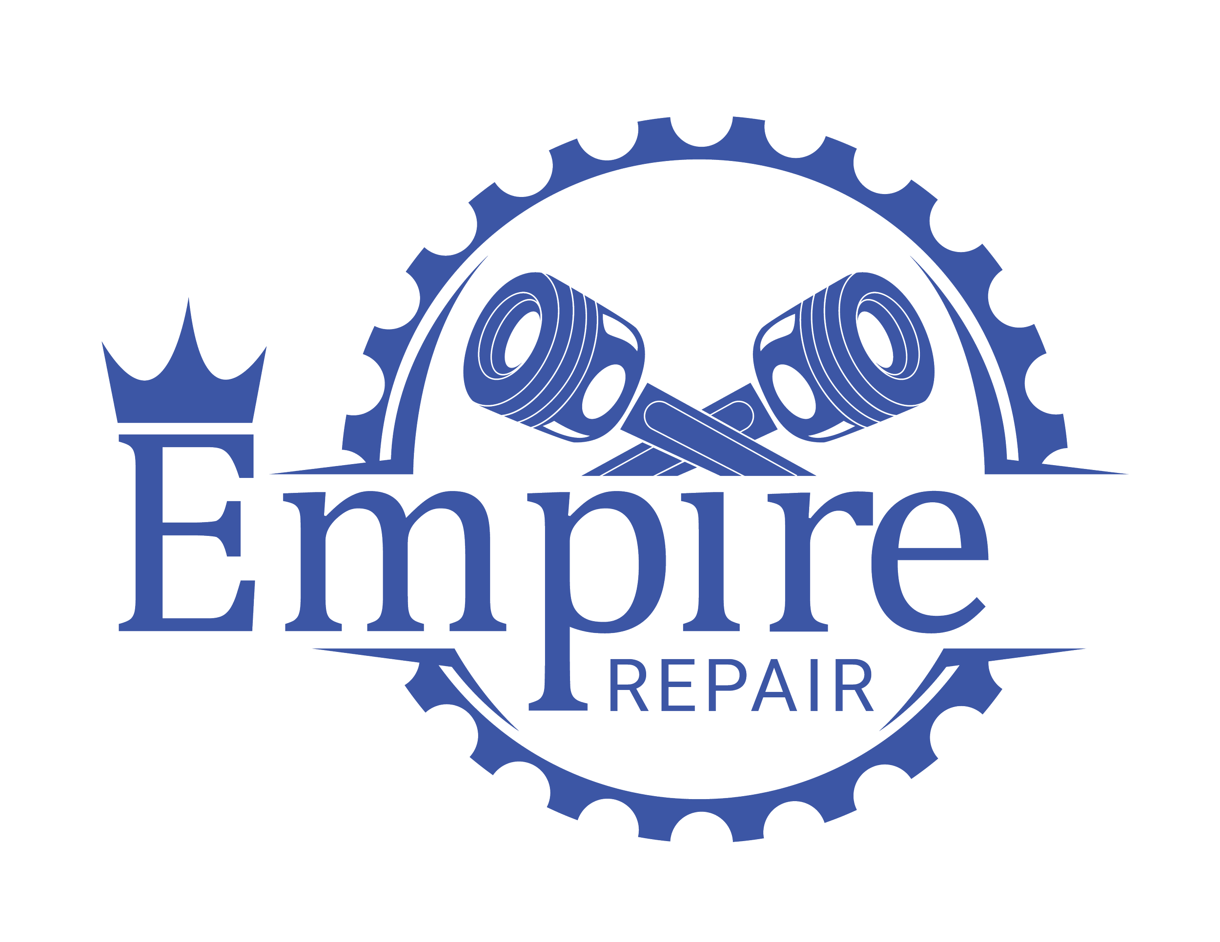 Emiro Auto Repair logo featuring a blue gear with a wrench and piston inside.