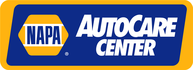 NAPA AutoCare Center sign with blue background, yellow border, and a hexagon logo featuring the word NAPA.
