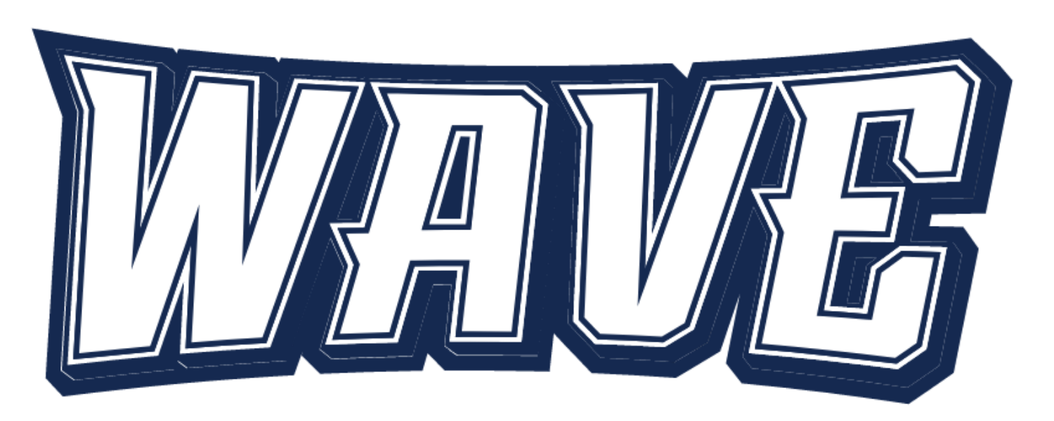Stylized word 'WAVE' in bold white letters with dark blue outline and background.