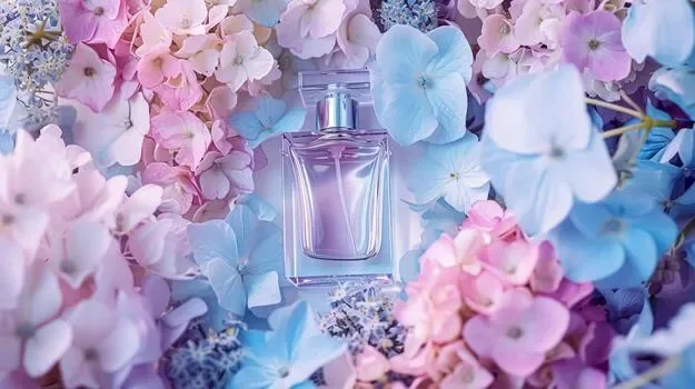 A perfume bottle surrounded by pink, purple, and blue hydrangea flowers.