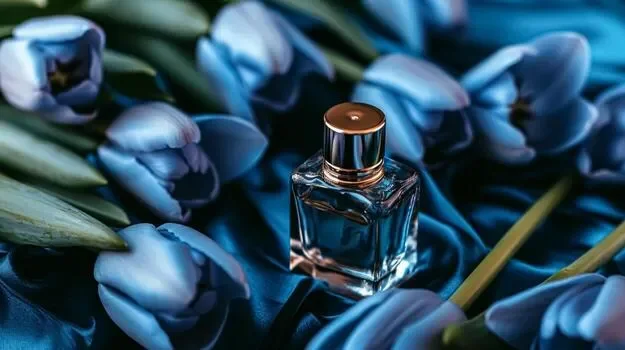 A perfume bottle surrounded by blue tulips on a satin fabric.
