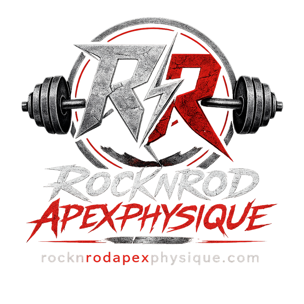 Logo for Rocknrod Physique, featuring a barbell with weights, bold stylized text that reads "Rocknrod" and "ROCKNROD PHYSIQUE," with a website URL rocknrodapexphysique.com