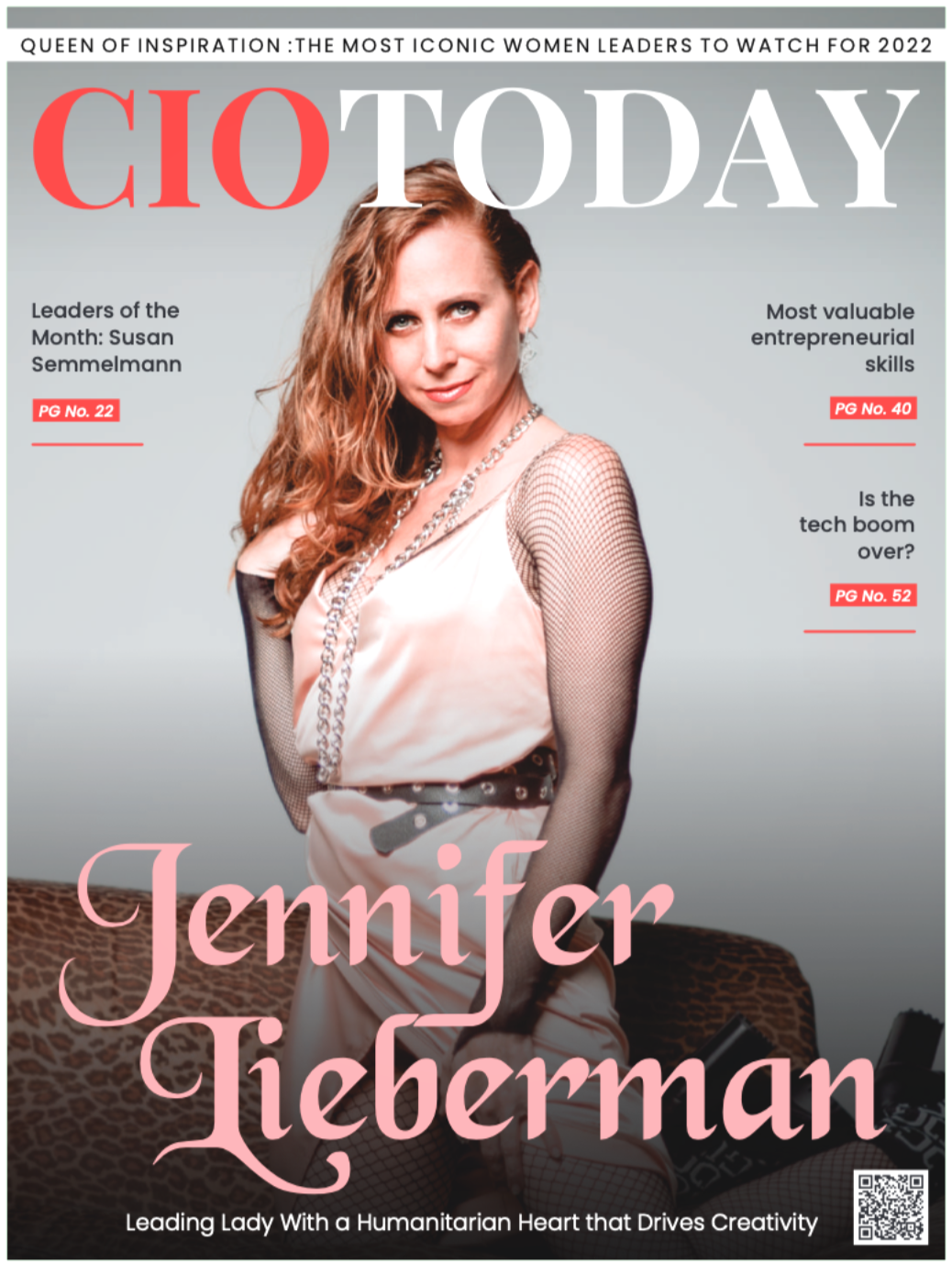 Magazine cover featuring Jennifer Lieberman, a woman with wavy reddish-brown hair, wearing a light pink satin dress with black fishnet sleeves, a chain necklace, and a belt, sitting on a leopard print chair. The magazine is titled CIO Today, highlighting women leaders and entrepreneurship.
