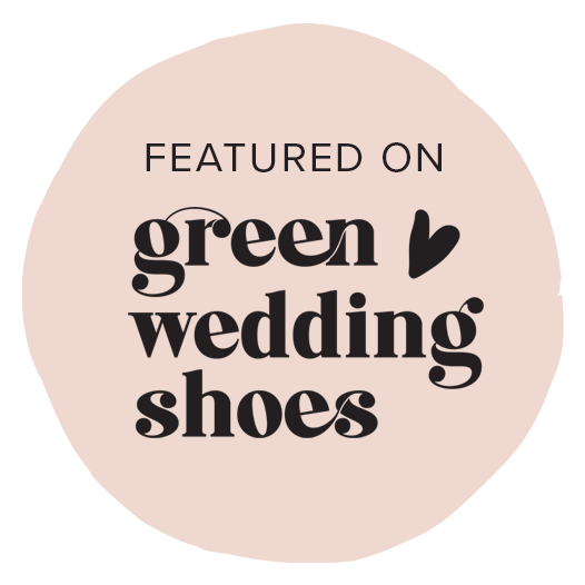 Circle graphic with text that reads, 'Featured on green wedding shoes,' with a small heart icon.